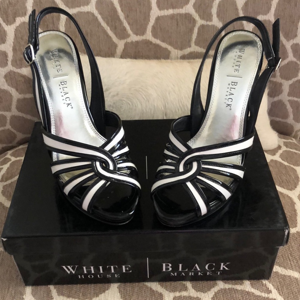 White House/Black Market-black & white striped sling back platform heel.Size 8.5